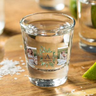 Monogram Two Photos Personalised Greenery Frame Shot Glass