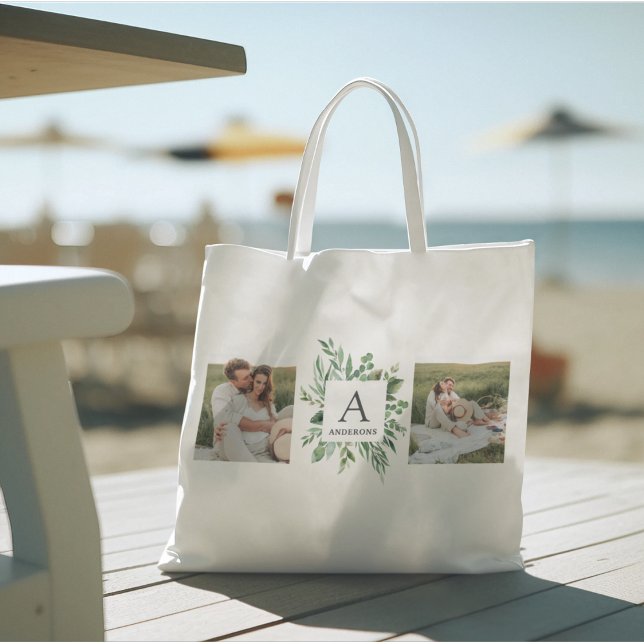 Monogram Two Photos | Personalised Greenery Frame Tote Bag (Creator Uploaded)