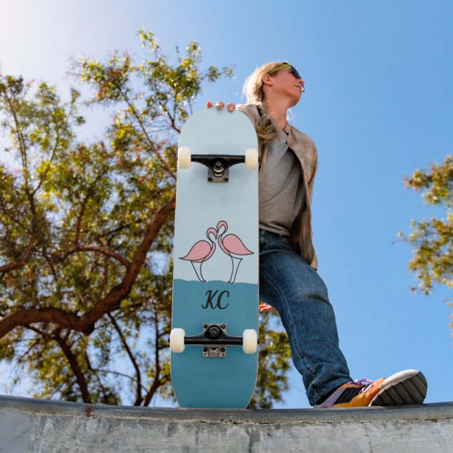 Monogram Two Pink Flamingos on the Water Quote Skateboard (Outdoor 1)