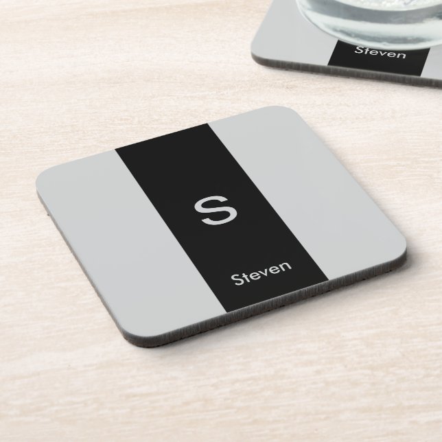 Monogram Two Tone Modern Black and Grey Coaster (Left Side)