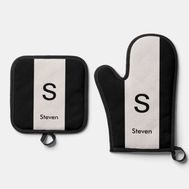 Monogram Two Tone Modern Black and Light Grey Oven Mitt & Pot Holder Set (Front)