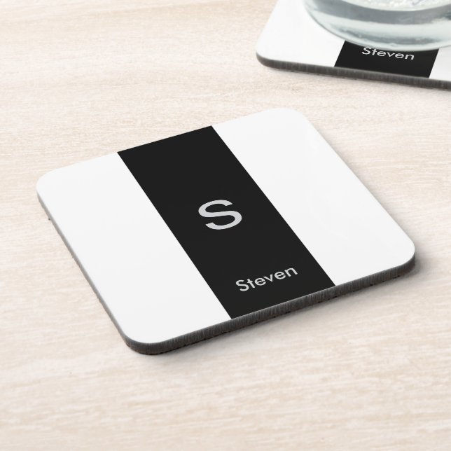 Monogram Two Tone Modern Black and White Coaster (Left Side)