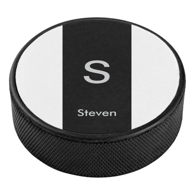 Monogram Two Tone Modern Black and White Hockey Puck (3/4)
