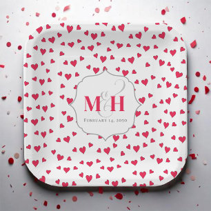 Monogram Typography Cute Stylish Red Hearts Paper Plate