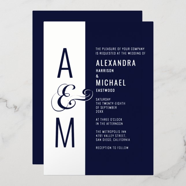 Monogram Typography Navy Blue Silver Wedding (Front/Back)