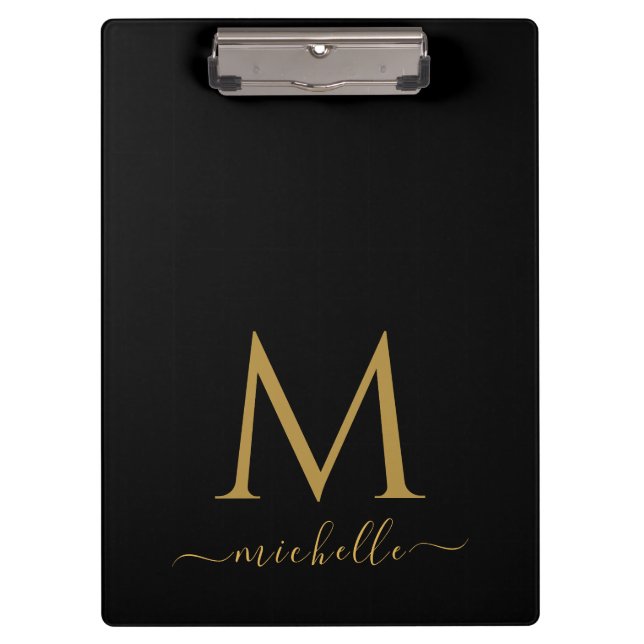 Monogram Typography Script Personalized Black Gold Clipboard (Front)