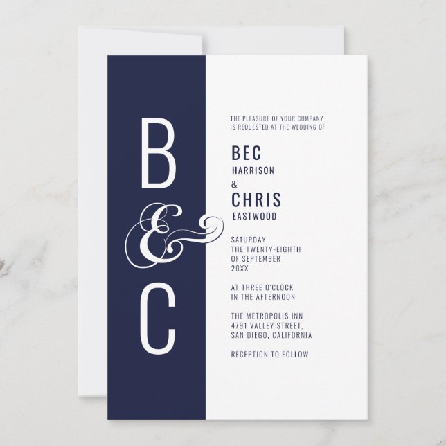 Monogram Typography Simple Bold Minimalist Navy Invitation (Front)