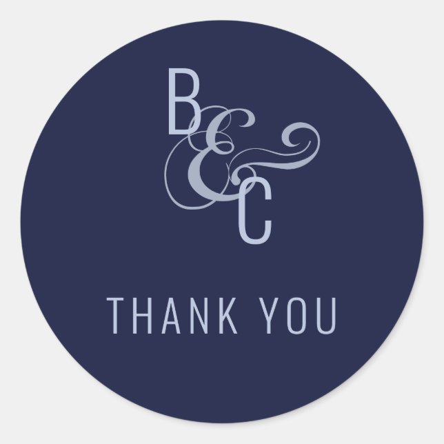 Monogram Typography Simple Elegant Navy Thank You Classic Round Sticker (Front)