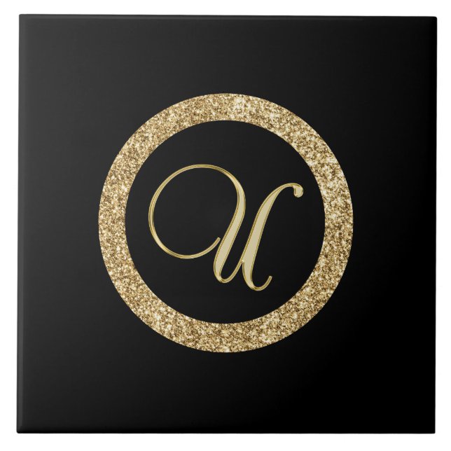 Monogram U, gold on midnight black, Ceramic Tile (Front)