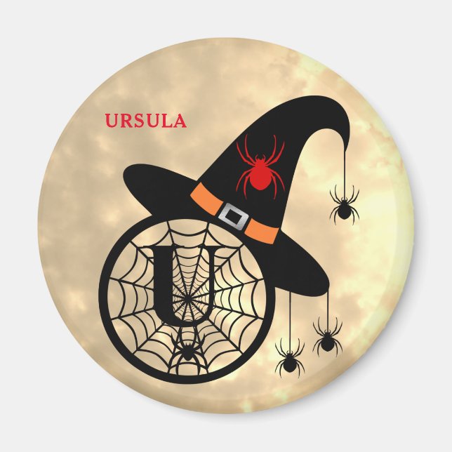 Monogram U Halloween Sky Witch Spiders Name Magnet (Front)