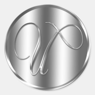Monogram U Silver Colour Wedding Invitation Holida Classic Round Sticker
