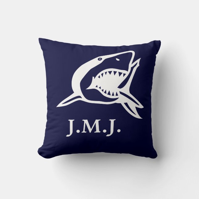 Monogram under white shark on navy blue cushion (Front)