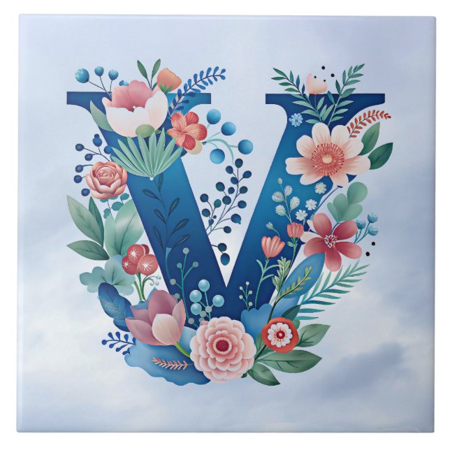 Monogram 'V' decorative floral design Ceramic Tile (Front)