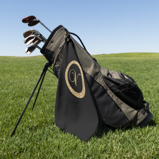 Monogram V, elegant golden script Golf Towel (Green)