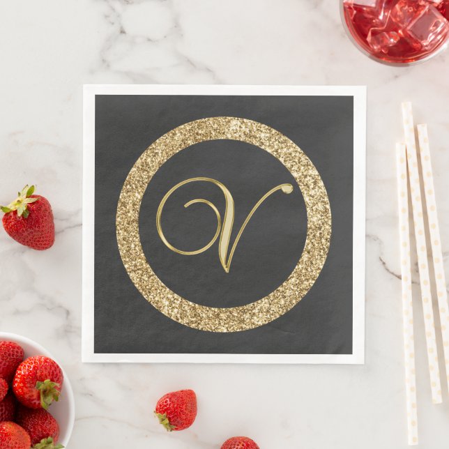 Monogram V, elegant golden script Napkin (Insitu)
