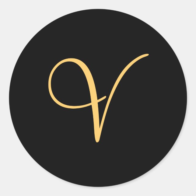Monogram V,  gold coloured initial V on black, Classic Round Sticker (Front)