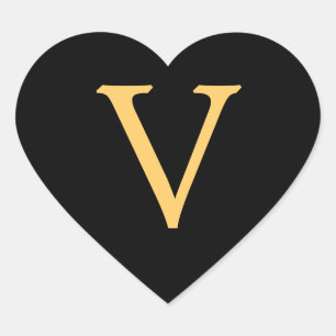 Monogram V,  gold coloured initial V on black,  Heart Sticker