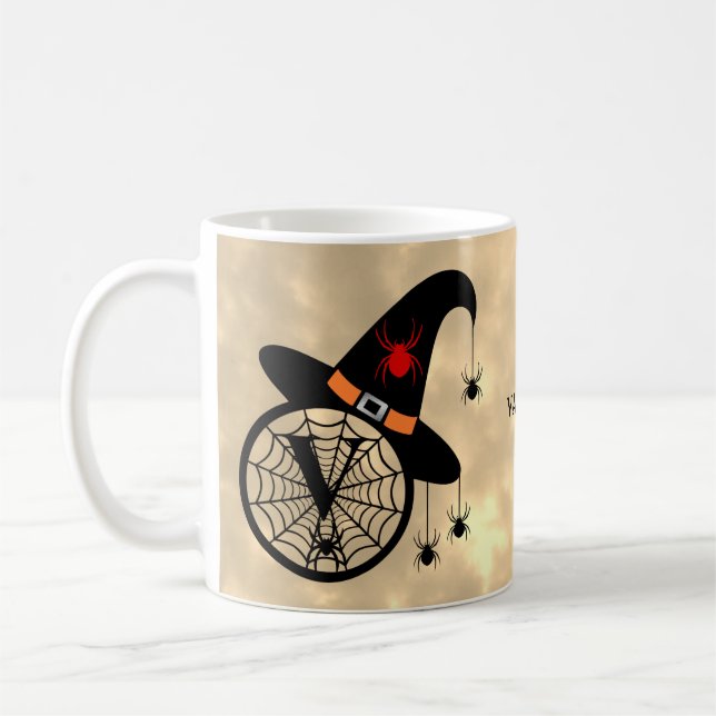 Monogram V Halloween Sky Witch Spiders Name Coffee Mug (Left)