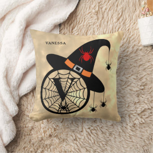 Monogram V Halloween Sky Witch Spiders Name Cushion