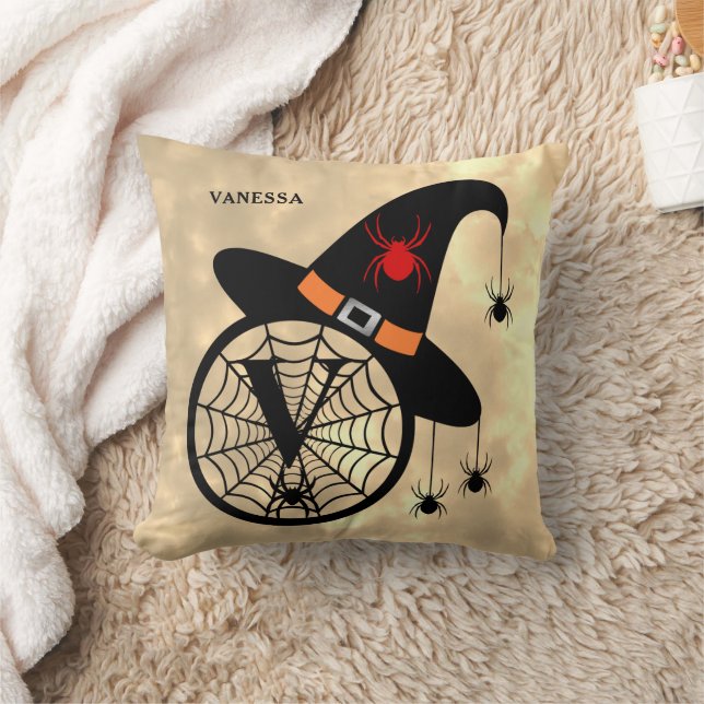 Monogram V Halloween Sky Witch Spiders Name Cushion (Blanket)