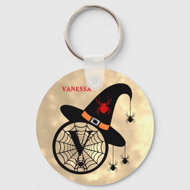 Monogram V Halloween Sky Witch Spiders Name Key Ring (Front)
