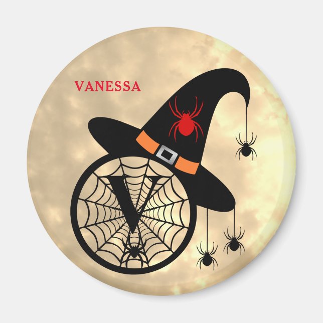 Monogram V Halloween Sky Witch Spiders Name Magnet (Front)