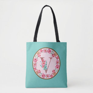 Monogram V Letter with Peony Flower Image Tote Bag