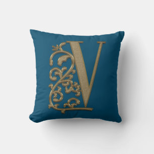 Monogram V Ocean Blue Wedding Birthday Cushion