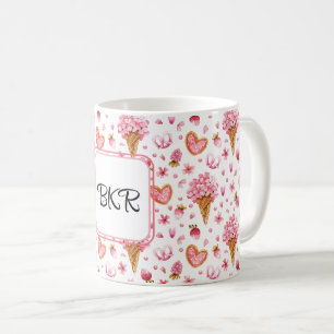 Monogram, Valentine Candy & Hydrangea Pattern 11oz Coffee Mug