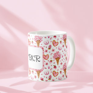 Monogram, Valentine Candy & Hydrangea Pattern 11oz Coffee Mug