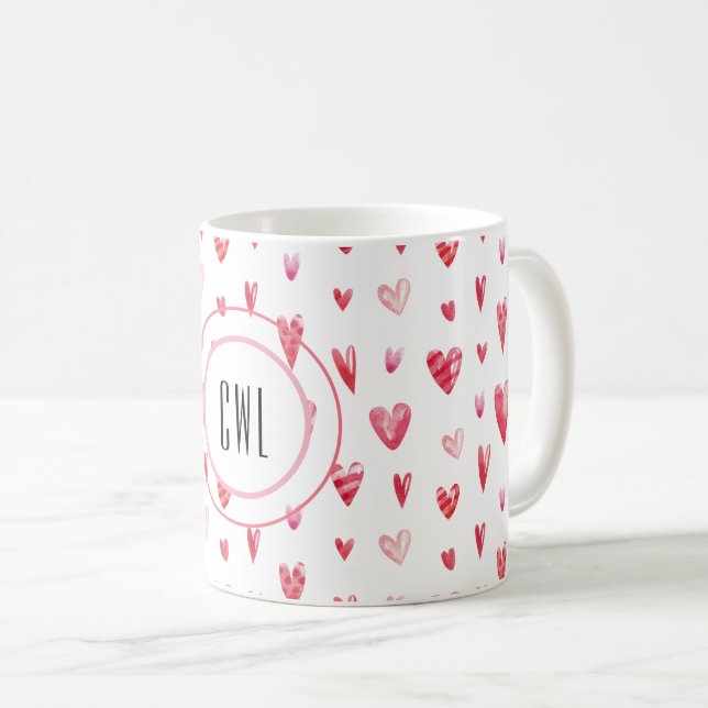 Monogram, Valentine Hearts Pattern 11oz Coffee Mug (Front Right)