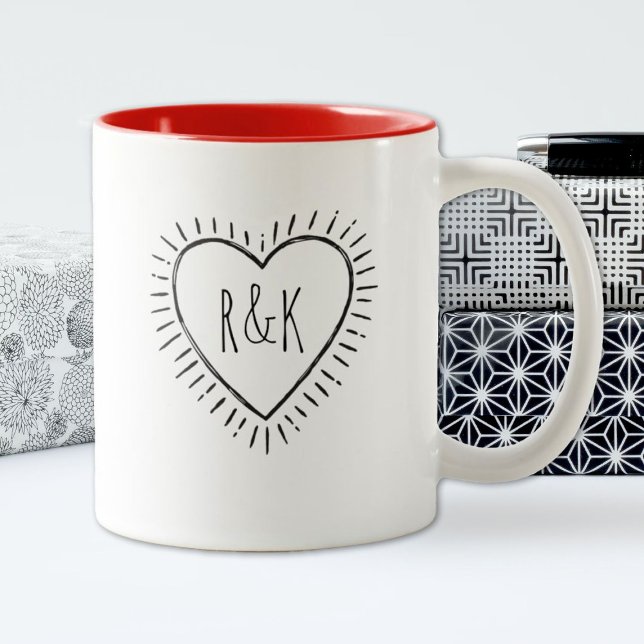 Monogram Valentines Day Heart Coffee Mug (A modern monogram heart  Valentines Day mug, Personalize it with your initials.)