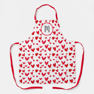 Monogram Valentines Red Doodle Hearts Pattern Apron