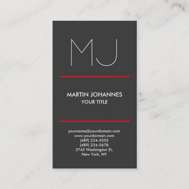 Monogram Vertical Elegant Grey Red Business Card (Front)