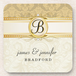 Monogram Victorian Gold Damask Cork Coaster Set