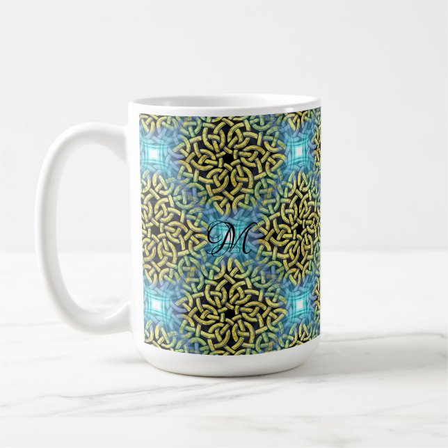 Monogram Victorian Golden Trim Aqua Background Coffee Mug (Left)
