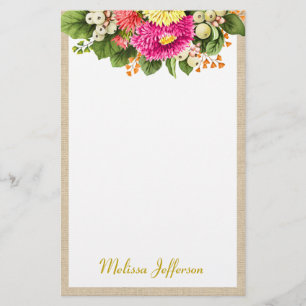 Monogram Vintage Asters Bouquet Pink Stationery
