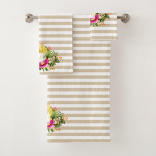 Monogram Vintage Asters Hot Pink Beige Towel Set