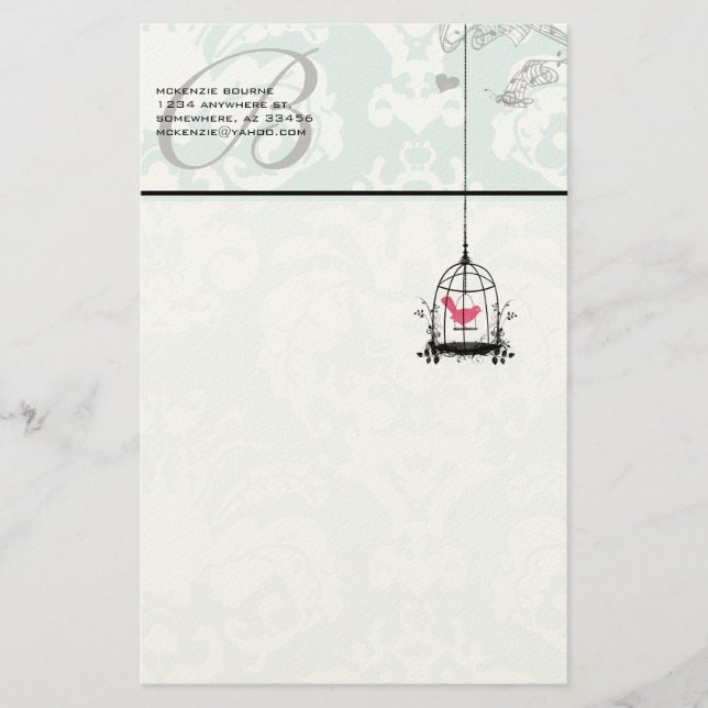 Monogram Vintage Bird Cage Stationery (Front)