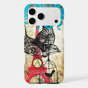 Monogram Vintage Bird Eiffel Tower Damask iPhone
