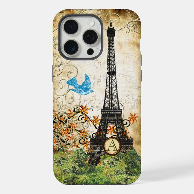Monogram Vintage Bird Eiffel Tower  iPhone Case (Back)