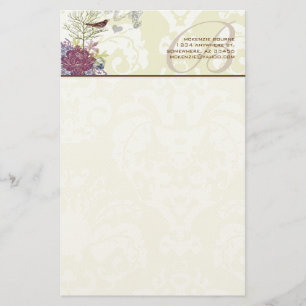 Monogram Vintage Bird Musical Damask Stationery