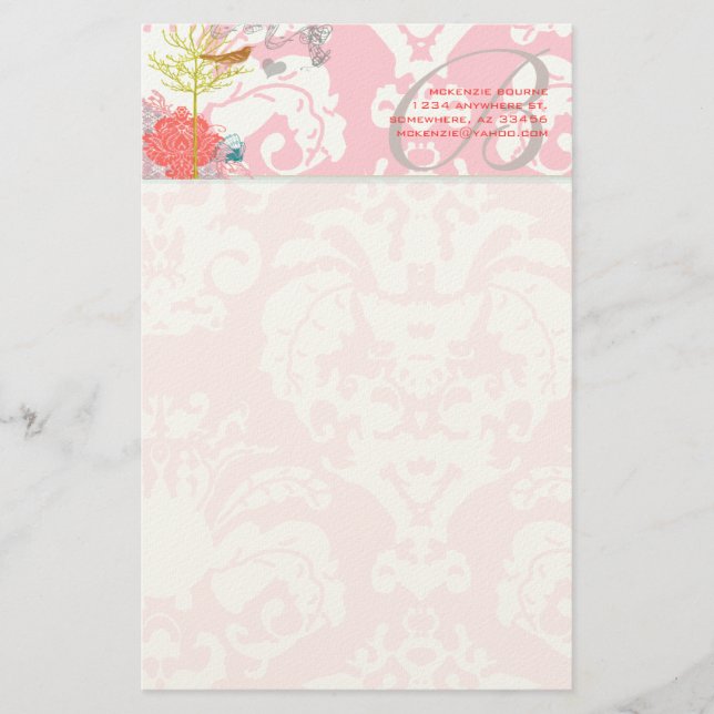Monogram Vintage Bird Musical Damask  Stationery (Front)