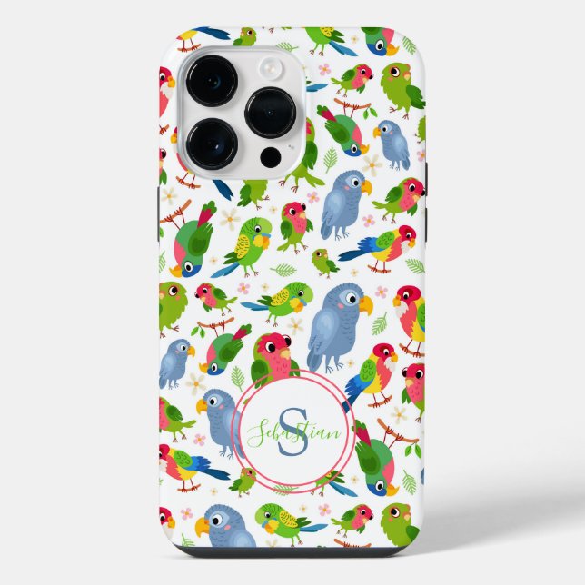 Monogram Vintage Birds Pattern, Colourful parakeet iPhone Case (Back)