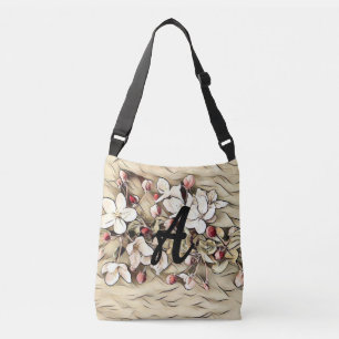 Monogram Vintage brown cherry blossoms drawing Crossbody Bag