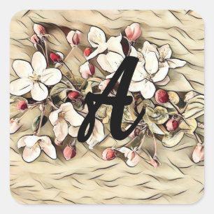 Monogram Vintage brown cherry blossoms drawing Square Sticker