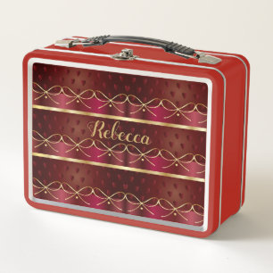 Monogram Vintage Burgundy Colour Luxury Gold Decor Metal Lunch Box