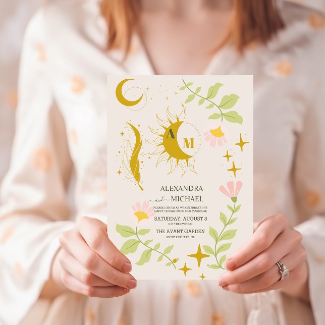 Monogram Vintage Celestial Botanical Wedding Invitation (Creator Uploaded)