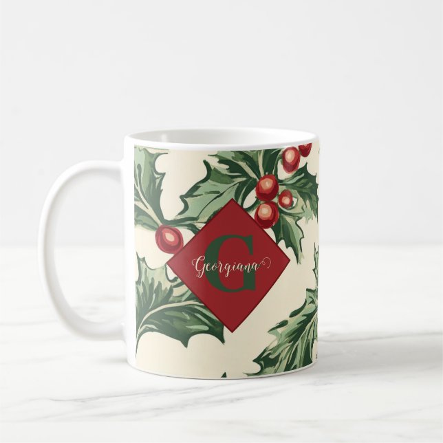 Monogram Vintage Christmas Holly & Berries Pattern Coffee Mug (Left)