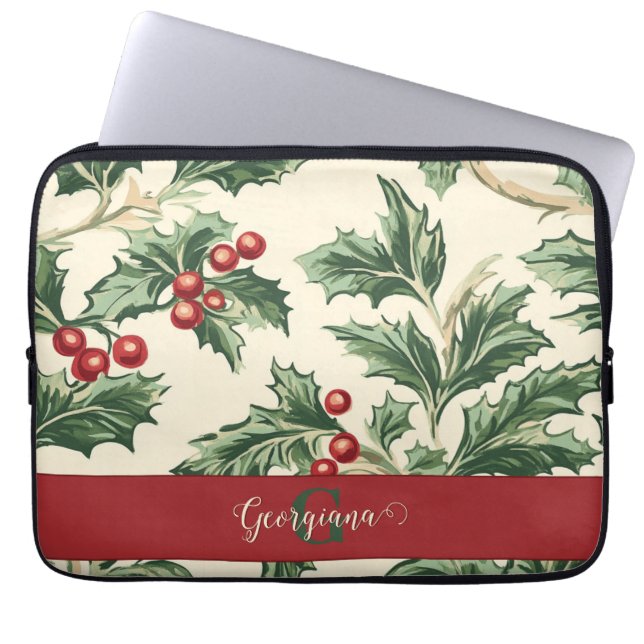 Monogram Vintage Christmas Holly & Berries Pattern Laptop Sleeve (Front)